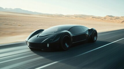 Naklejka premium Black futuristic electric car on highway in desert. Very fast driving. Concept of future. Realistic 4K animation