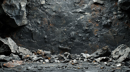 Fototapeta premium Rocky cave wall with scattered stones on ground