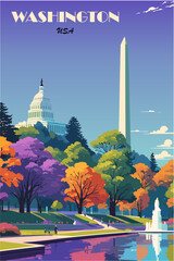 Washington, USA travel destination poster in retro style. Colorful vector illustration
