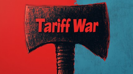 Dramatic comic-style world map illustration being split by giant axe labeled "Tariff War", symbolizing global economic conflict, trade disputes, and geopolitical tension