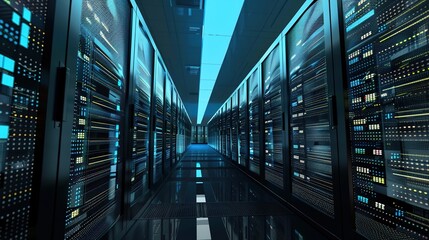 Fototapeta premium Server Room Data Center: High-Tech Background for IT Infrastructure & Connectivity 