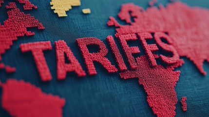 Bold news-style layout featuring the word "TARIFFS" at the center, set against a dramatic background of global conflict and tension, symbolizing international trade disputes and economic crisis