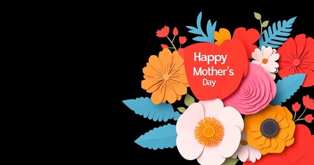 Elegant paper-style vector background with red tones, spring flowers, and green leaves framing "Happy Mother's Day" text, perfect for Mother's Day greetings, posters, and seasonal celebration concepts
