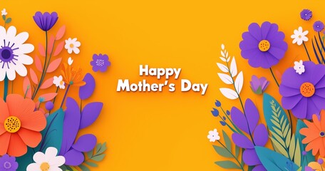 Elegant paper-style vector background with red tones, spring flowers, and green leaves framing "Happy Mother's Day" text, perfect for Mother's Day greetings, posters, and seasonal celebration concepts