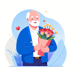 Smiling Senior man with a bouquet of flowers image. Cartoon vector illustration