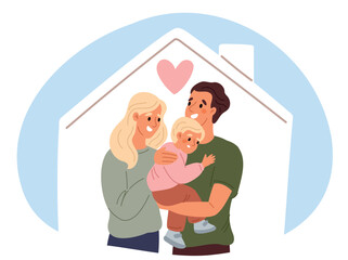Loving family with young child in own home. Real estate purchase. New apartment. Happy couple hug with kid. Relocation happiness. Parents cuddle son under building roof. Vector concept
