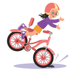 Fototapeta premium Little girl wearing helmet fell off her bike. Clumsy kid on bicycle. Accident with cyclist. Traumatic misfortune situation. Child falling from cycle. Young biker crash. Vector concept