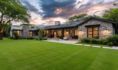 the backyard of a modern home in Austin, Texas at sunset with beautiful colors in the sky