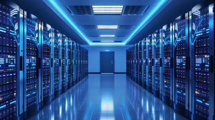 Obraz premium Server Room Data Center: High-Tech Background for IT Infrastructure & Connectivity 