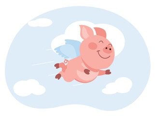 Funny pink piglet with wings flying in sky among clouds. Happy mammal flight. Lucky swine. Hovering boar. Cartoon animal. Angel piggy character. Dream and relax. Vector illustration