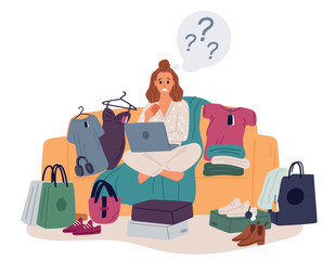 Female shopaholic who suffers from obsession to do shopping. Addicted woman of sale. Impulse buying. Girl making purchases with laptop. Shop bags heap. Buyer addiction. Vector concept
