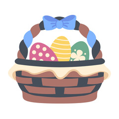 Easter eggs in wicker basket. Cartoon painted Easter eggs in hamper. Traditional holiday decoration, spring vibes, festive mood. Vector flat illustration for Easter card, invitation, greeting poster