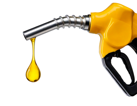 Gas gun with dripping yellow drop of petroleum. Fueling pistol for petrol or gasoline fill on transparent background and white background 
