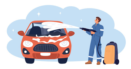 Car wash worker cleaning auto with jet water from high pressure washer. Washing away dirt. Cleanser equipment. Automobile service. Man spraying foam. Carwash station. Vector concept