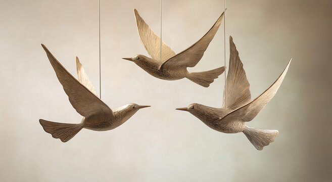 Três pássaros de metal suspensos no teto, criando um display decorativo elegante e excêntrico.