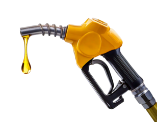 Gas gun with dripping yellow drop of petroleum. Fueling pistol for petrol or gasoline fill on transparent background and white background 