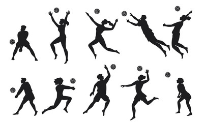Beach volleyball players. Men and women playing on beach. Sportsman black silhouette. Team sport. People throwing or catching ball. Young athlete dynamic poses. Vector volleyballers set