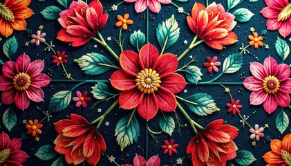 Intricate textile with repeating floral motif, surface, motif, damask