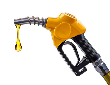 Gas gun with dripping yellow drop of petroleum. Fueling pistol for petrol or gasoline fill on transparent background and white background 