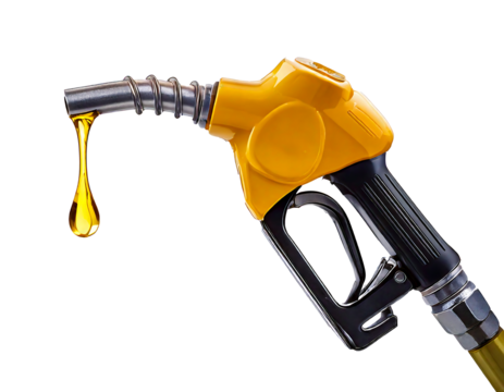 Gas gun with dripping yellow drop of petroleum. Fueling pistol for petrol or gasoline fill on transparent background and white background 