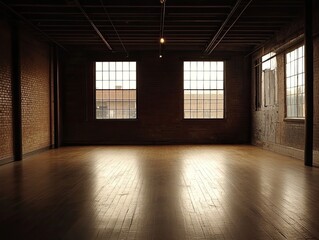 Obraz premium Empty Loft for Brick Walls, Sunlight, Hardwood Floor.