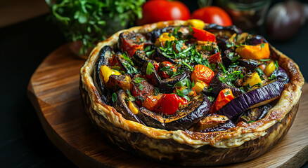 Fototapeta premium Torta colorida de legumes assados ​​com berinjela e tomate 