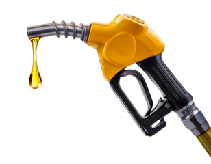 Gas gun with dripping yellow drop of petroleum. Fueling pistol for petrol or gasoline fill on transparent background and white background 