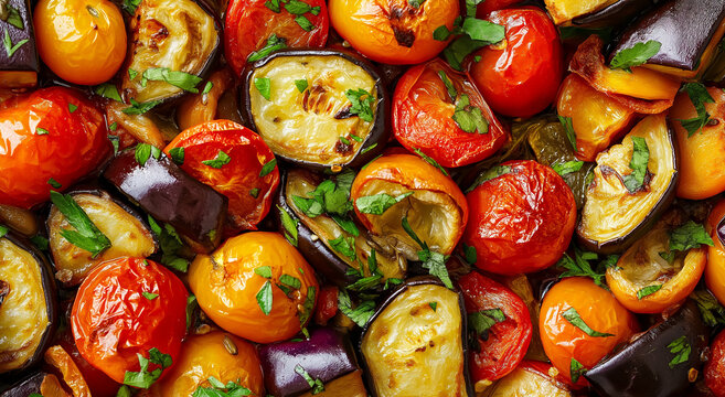 Torta colorida de legumes assados ​​com berinjela e tomate 