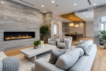 Fototapeta premium Modern living room with a fireplace, sofa, and armchairs arranged in an open layout to create space for socializing