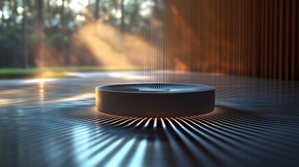 Modern pedestal fountain in a zen-like interior with forest background