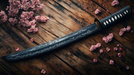Japanese sword on wooden table with flowers