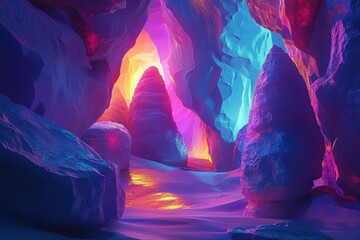 Vibrant, otherworldly cave, glowing with surreal colors. Intricate rock formations, illuminated by inner light source