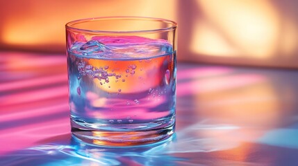 Colorful glass of water with ice in vibrant lighting