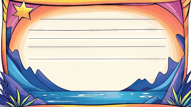 Blank certificate template with sunset, mountains, and ocean scene