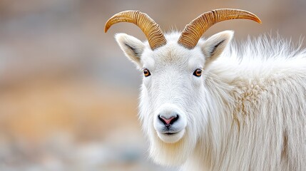 Fototapeta premium A close-up of a white mountain goat with prominent horns, showcasing its distinctive features against a blurred natural background.