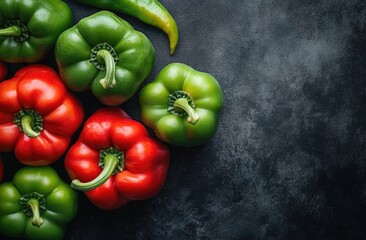 Overhead View of Red and Green Bell Peppers on Dark Textured Background with White Powder Accents Food Still Life