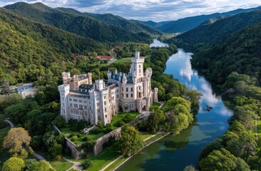 Fototapeta premium Aerial view of a fairytale medieval castle in the heart of Europe, surrounded by lush greenery and a blue sky