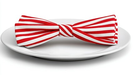 Fototapeta premium Red and White Striped Bow Tie on a White Plate