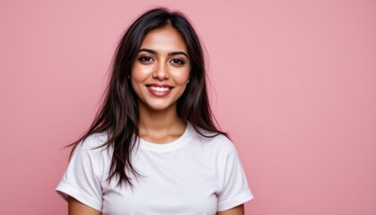 Fototapeta premium Smiling young woman studio portrait photography pink background close-up confidence and beauty