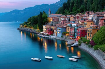 Fototapeta premium A panoramic view of Varenna on Lake Como, Italy, with colorful buildings and boats in the water at dusk.