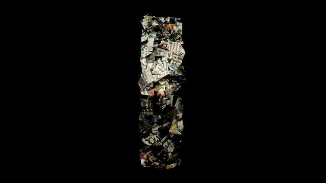 letter I with cut up news paper isolated on black loop