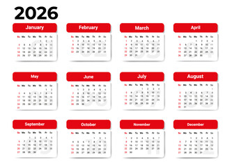 Calendar 2026 with week start Sunday. Vector design template corporate of a wall or desk calendar