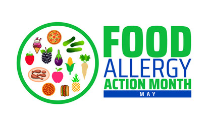 food allergy action month background banner or poster design template. observed every year in May. Holiday concept. Use to any Template, card, poster, placard, template.