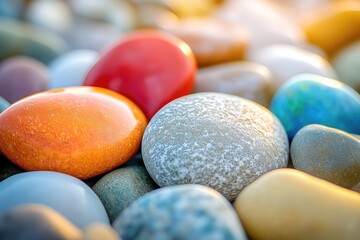 Vibrant, smooth stones in assorted colors, illuminated by sunlight