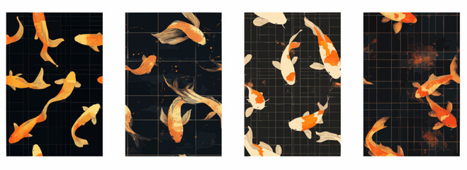Vector pattern set of minimalist golden koi fish swimming across a dark background