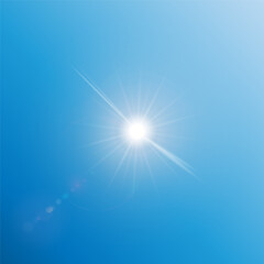 The sun shining brightly in the clear blue sky creates a spectacular lens flare and rays of light radiating outwards. EPS10 vector illustration. 