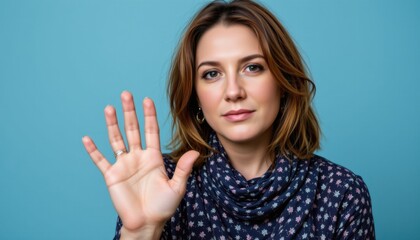 Expressing emotions a woman's gesture against a blue background portrait photography studio setting
