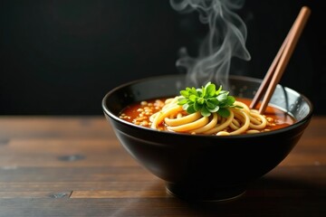 Steaming bowl of ramen, chopsticks, spring onions, delicious, dashi