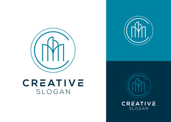 Initials CM or MC with building logo design for architecture, real estate or residence