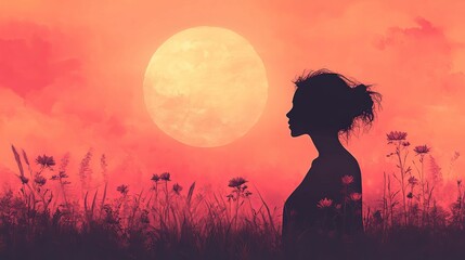 A woman's silhouette gazes at a vibrant sunset moonlit meadow.